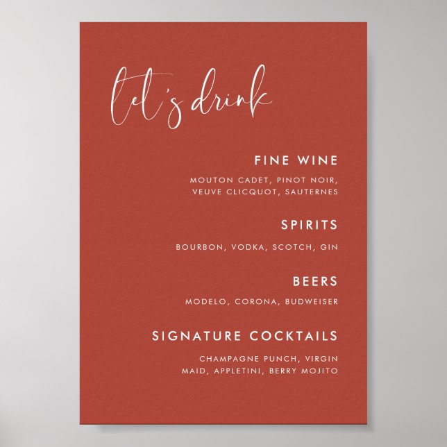 Elegant & Modern Terracotta wedding Bar menu Poster (Front)