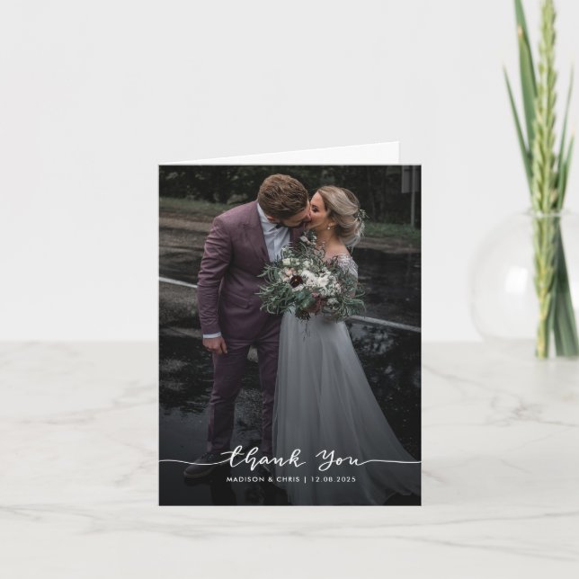 Elegant Modern Thank You Script Wedding Photo  Card (Front)