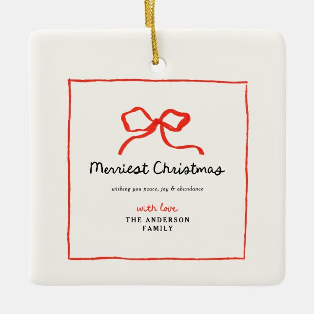 Elegant modern traditional red bow Christmas Ceramic Ornament (Front)