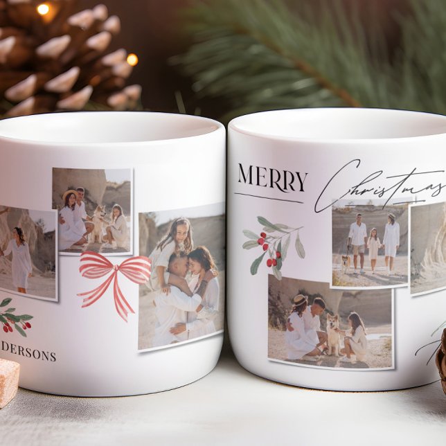 Elegant modern traditional red bow multi photo coffee mug (Creator Uploaded)