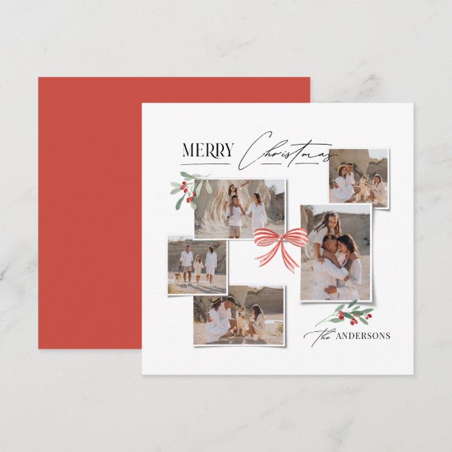 Elegant modern traditional red bow multi photo holiday card (Front/Back)