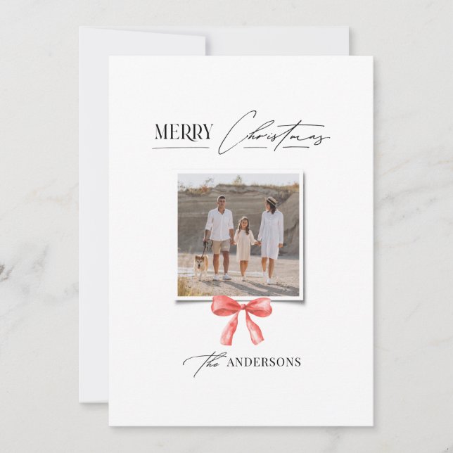 Elegant modern traditional red bow multi photo holiday card (Front)