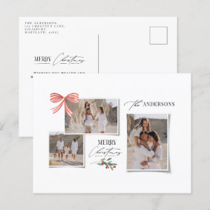 Elegant modern traditional red bow multi photo holiday postcard