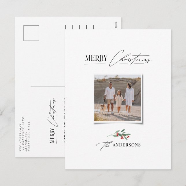 Elegant modern traditional red bow multi photo holiday postcard (Front/Back)