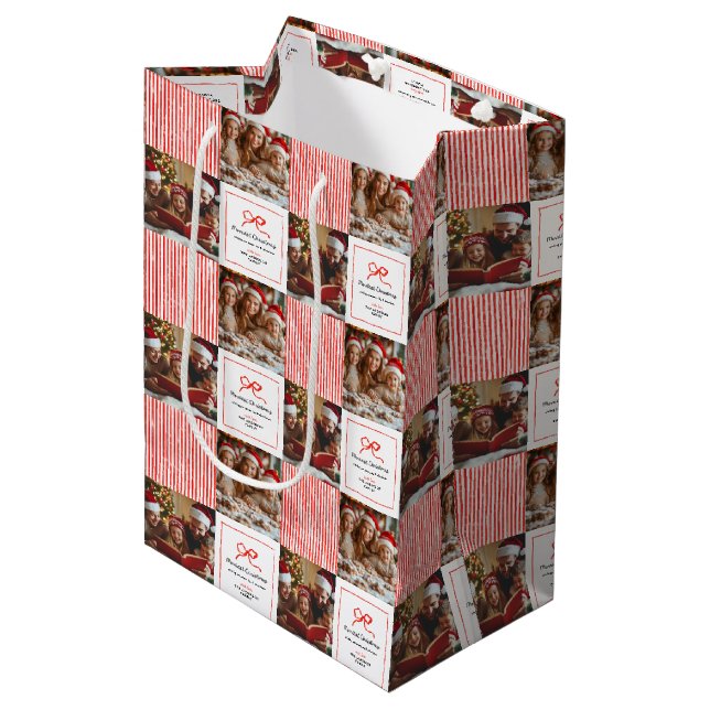 Elegant modern traditional red bow photo Christmas Medium Gift Bag (Front Angled)