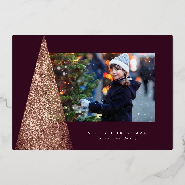 Elegant modern tree plum one photo Christmas Foil Holiday Card (Front)