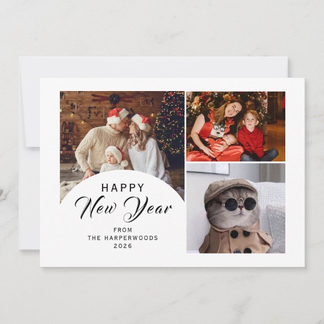 Elegant Modern Trendy Happy New Year 3 Photo Holiday Card (Front)