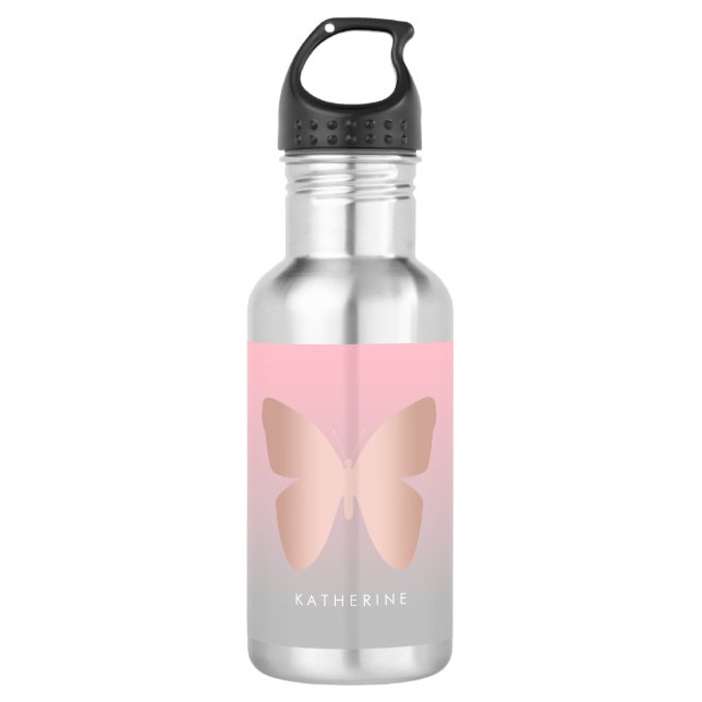 Elegant modern trendy rose gold butterfly 532 ml water bottle (Front)