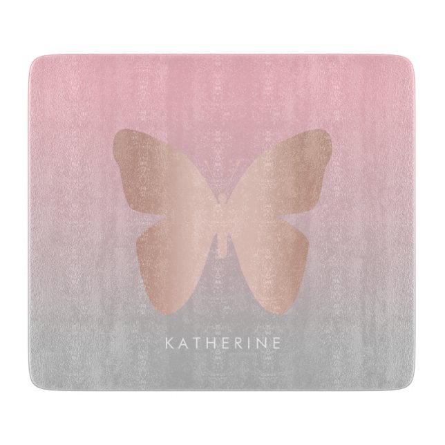 Elegant modern trendy rose gold butterfly cutting board (Front)