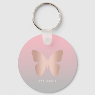 Elegant modern trendy rose gold butterfly key ring