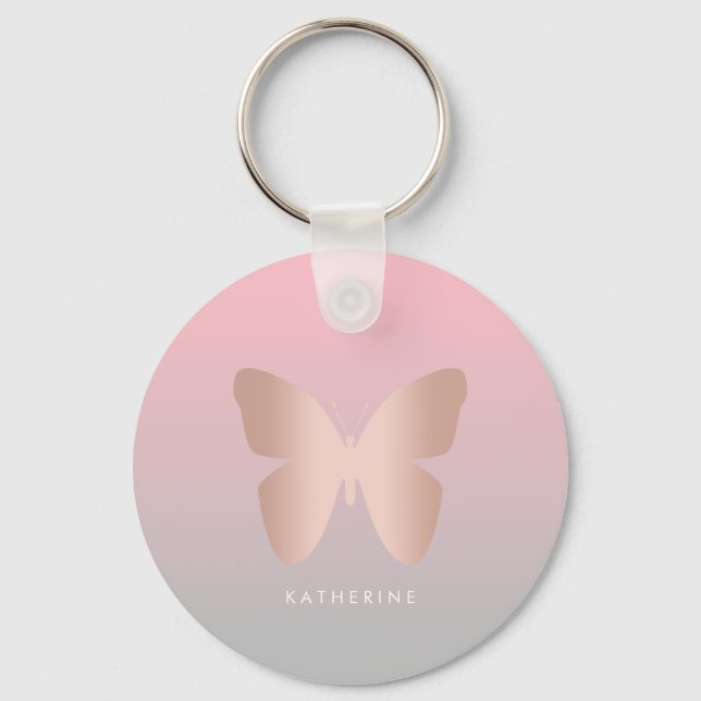 Elegant modern trendy rose gold butterfly key ring (Front)