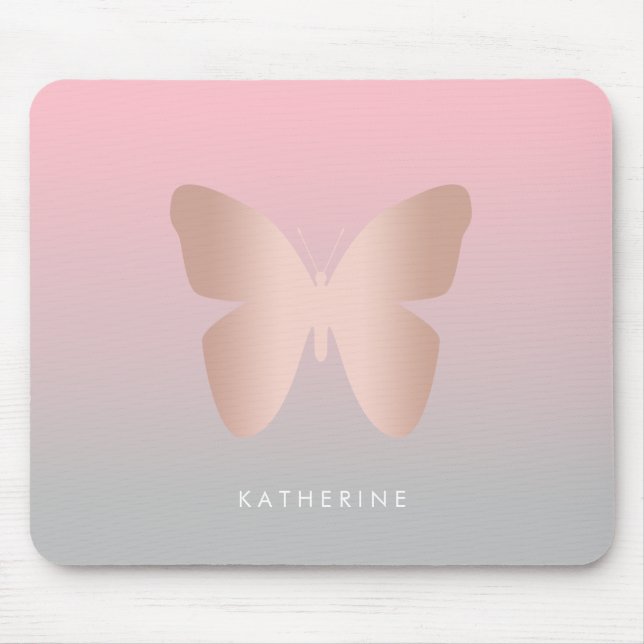 Elegant modern trendy rose gold butterfly mouse mat (Front)