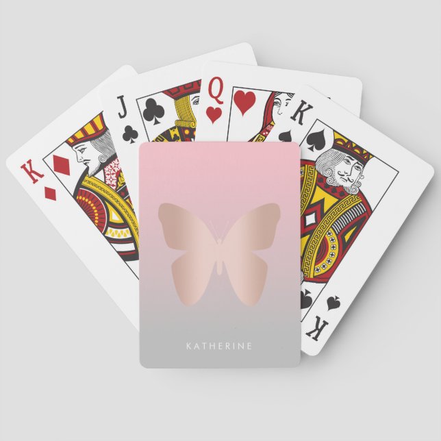 Elegant modern trendy rose gold butterfly playing cards (Back)