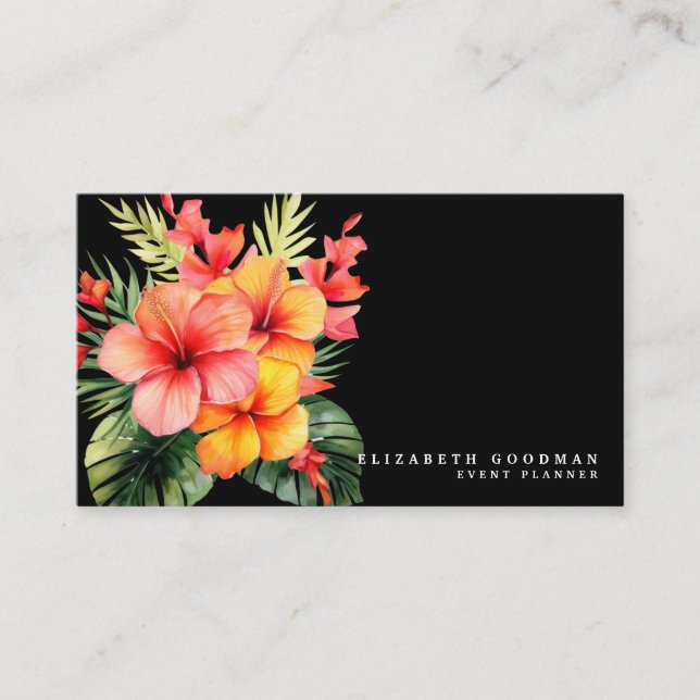 Elegant Modern Tropical Black Business Cards (Front)