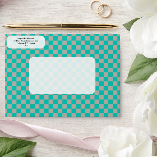 Elegant, Modern Turquoise Green, Grey Chequered   Envelope (Wedding)