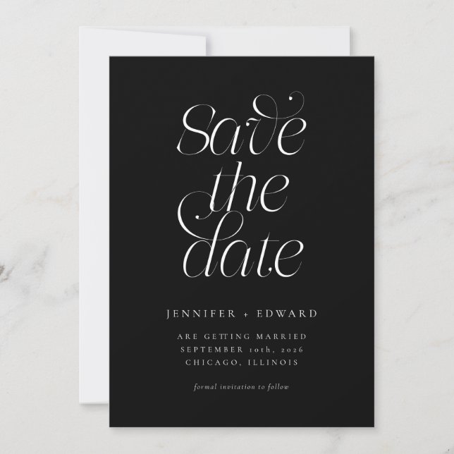 Elegant Modern Typography Black Wedding Save The Date (Front)