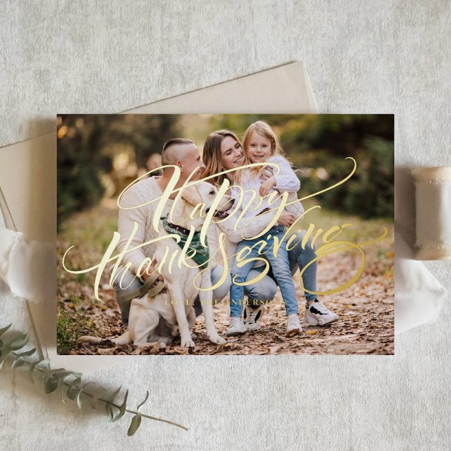 Elegant Modern Typography Photo Happy Thanksgiving Foil Holiday Postcard (Creator Uploaded)