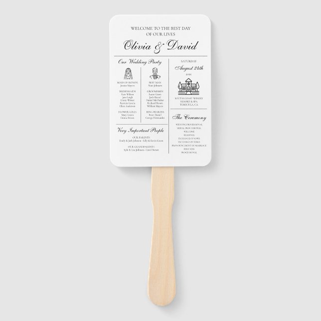 Elegant Modern Unique Infographic Wedding Program Hand Fan (Front)