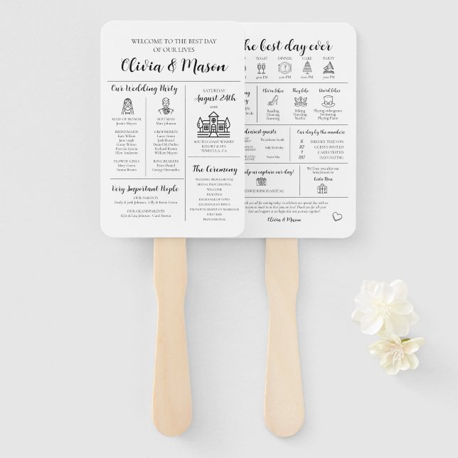 Elegant Modern Unique Infographic Wedding Program Hand Fan (Front and Back)