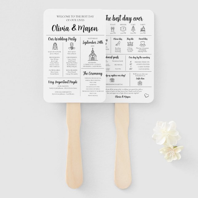 Elegant Modern Unique Infographic Wedding Program Hand Fan (Front and Back)