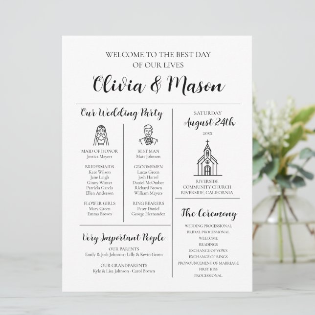 Elegant Modern Unique Infographic Wedding Program Invitation (Standing Front)
