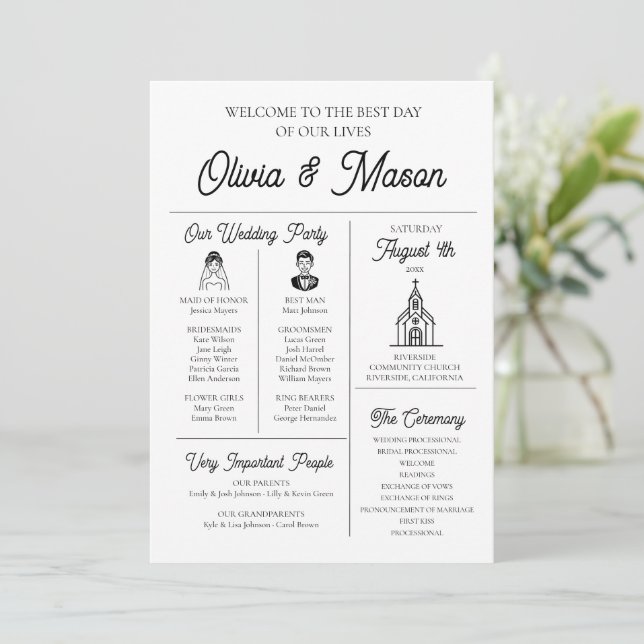Elegant Modern Unique Infographic Wedding Program Invitation (Standing Front)