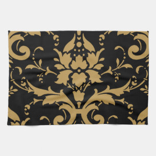Elegant Modern Vintage Gold Damask on Black Towel