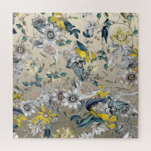 Elegant Modern Vintage Gold Grey Yellow Floral Jigsaw Puzzle