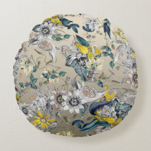 Elegant Modern Vintage Gold Grey Yellow Floral Round Cushion