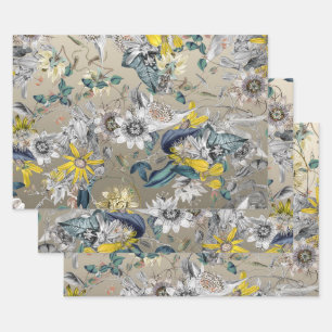 Elegant Modern Vintage Gold Grey Yellow Floral Wrapping Paper Sheet