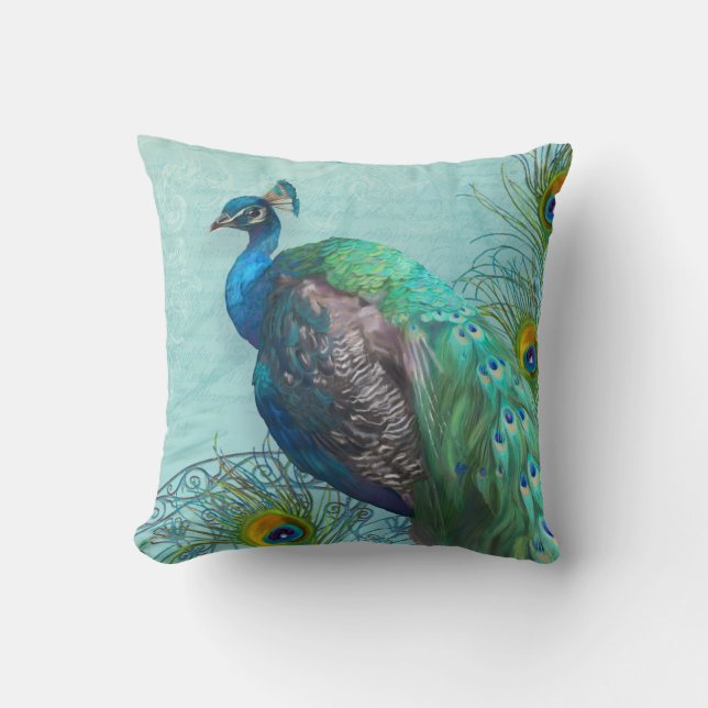 Elegant Modern Vintage Peacock Feathers Aqua Blue Cushion (Front)
