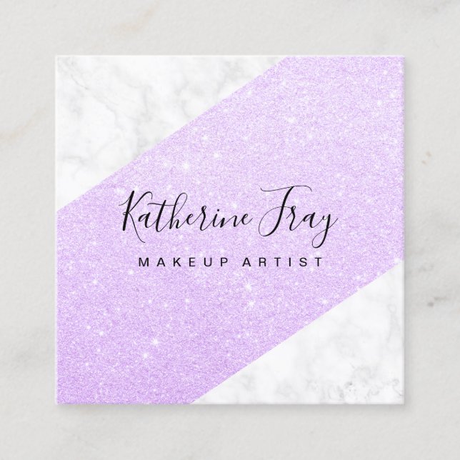 Elegant modern violet glitter white marble makeup square business card (Front)