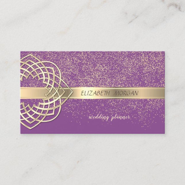 Elegant Modern Violet Gold Confetti Business Card (Front)
