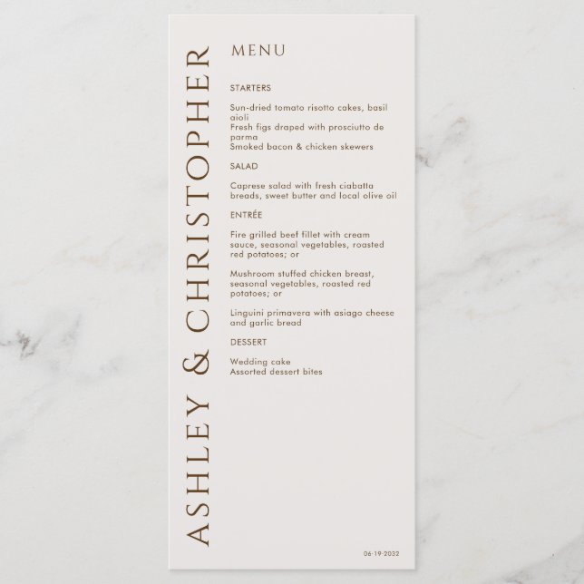 Elegant Modern Walnut Brown Wedding Menu (Front)