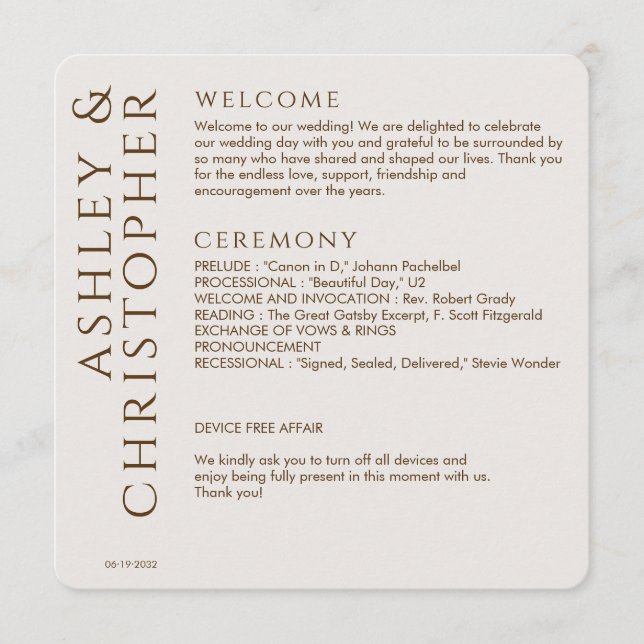 Elegant Modern Walnut Brown Wedding Programme (Front)