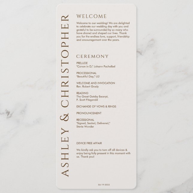 Elegant Modern Walnut Brown Wedding Programme (Front)