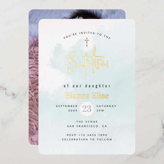 Elegant Modern Watercolor Baby Photo Baptism (Front/Back)