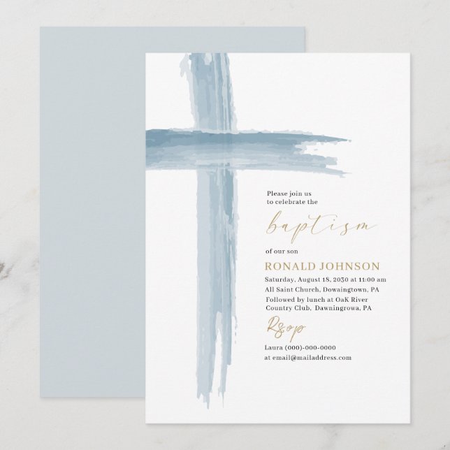 Elegant Modern Watercolor Baptism Cross Invitation (Front/Back)