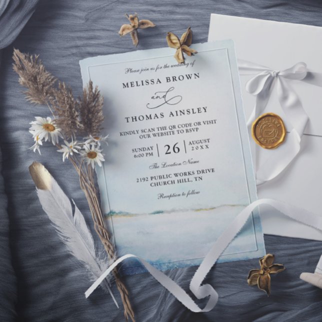 Elegant Modern Watercolor Beach QR Code Wedding Invitation (Creator Uploaded)