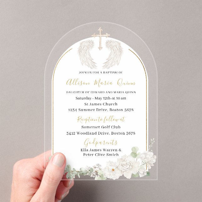 Elegant Modern Watercolor Beige Angel Baptism Invi Acrylic Invitations (Insitu (Handheld))