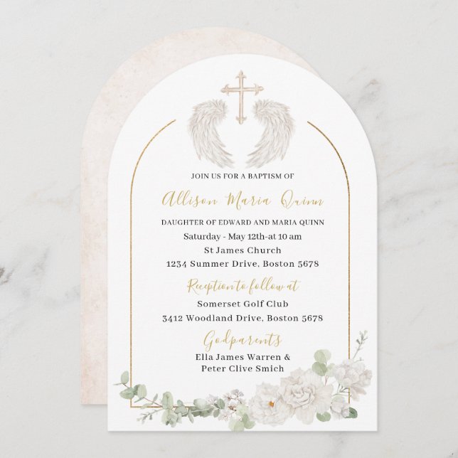Elegant Modern Watercolor Beige Angel Baptism Invi Invitation (Front/Back)