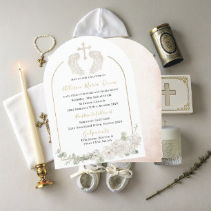 Elegant Modern Watercolor Beige Angel Baptism Invi Invitation
