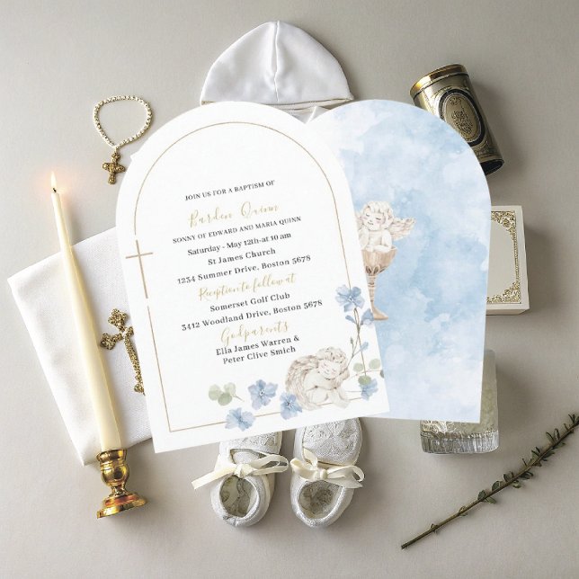 Elegant Modern Watercolor Blue Angel Baptism Invitation (Creator Uploaded)