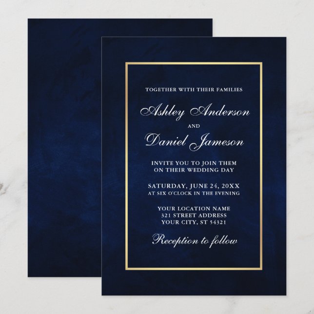 Elegant Modern Watercolor Blue Gold Wedding Invitation (Front/Back)