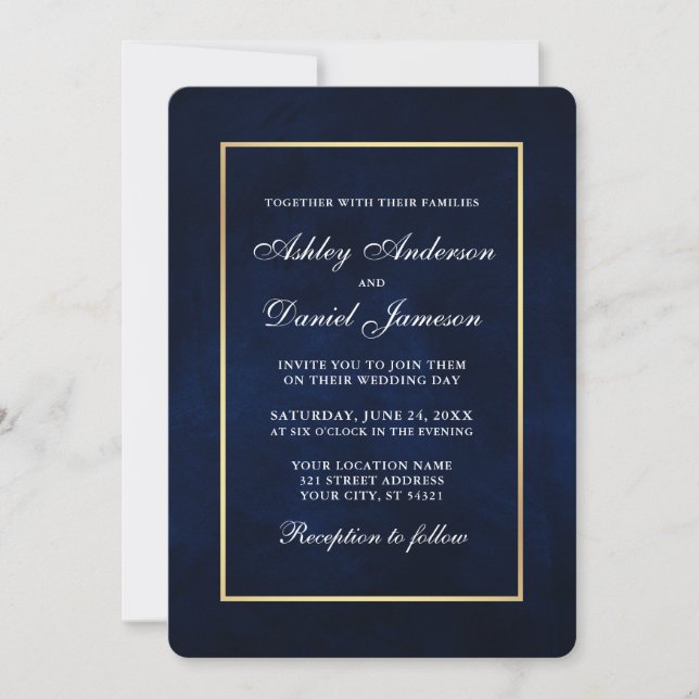Elegant Modern Watercolor Blue Gold Wedding Rd Invitation (Front)
