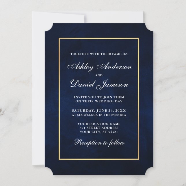 Elegant Modern Watercolor Blue Gold Wedding Tkt Invitation (Front)