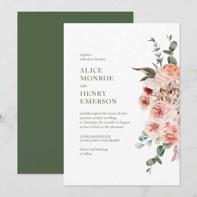 Elegant Modern Watercolor Blush Pink Roses Wedding Invitation (Front/Back)