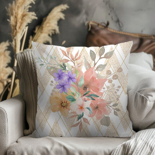 Elegant Modern Watercolor Bouquet Chevron White Cushion