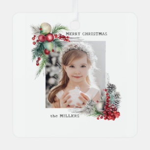 Elegant Modern Watercolor Christmas Floral Photo Metal Tree Decoration