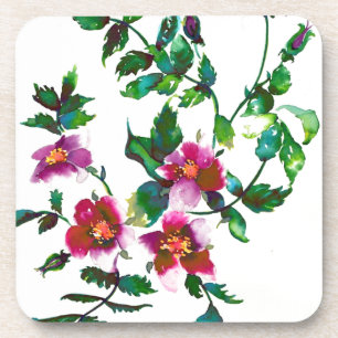 Elegant modern watercolor dark pink wildflowers coaster